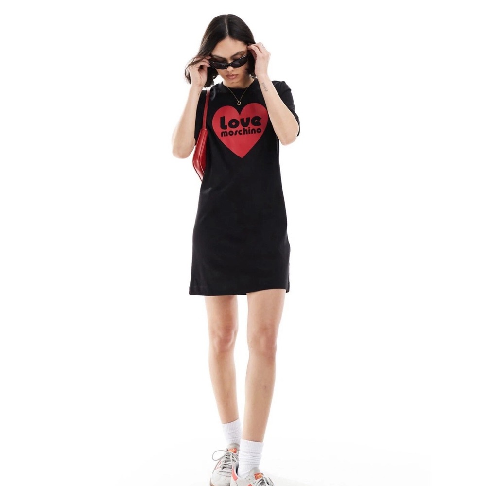 LOVE MOSCHINO Black Heart‎ Logo T Shirt Dress Women Made in Turkey Size 8